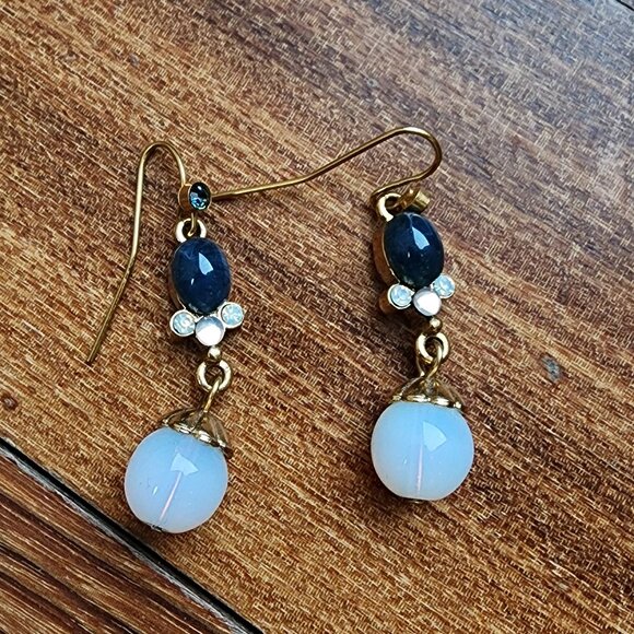 1928 Blue/Gold Beaded Drop Dangle Earrings - Picture 3 of 16